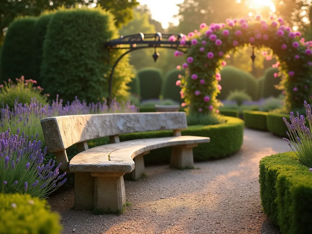 Elegant Curved Stone Garden Bench at Sunset - A majestic curved stone garden bench photographed during golden hour, with soft sunlight casting long shadows across its weathered surface. The bench follows a graceful arc within a formal English garden setting, surrounded by blooming lavender and classic boxwood hedges. Shot from a wide angle perspective showing the bench as a focal point, with climbing roses on an ornate iron pergola in the background. The natural stone features subtle aging patterns and moss accents, while perfectly manicured gravel paths lead to the seating area. Captured with a professional digital camera, 16-35mm lens at f/2.8, ISO 400, creating a dreamy atmosphere with bokeh effects on the background foliage.