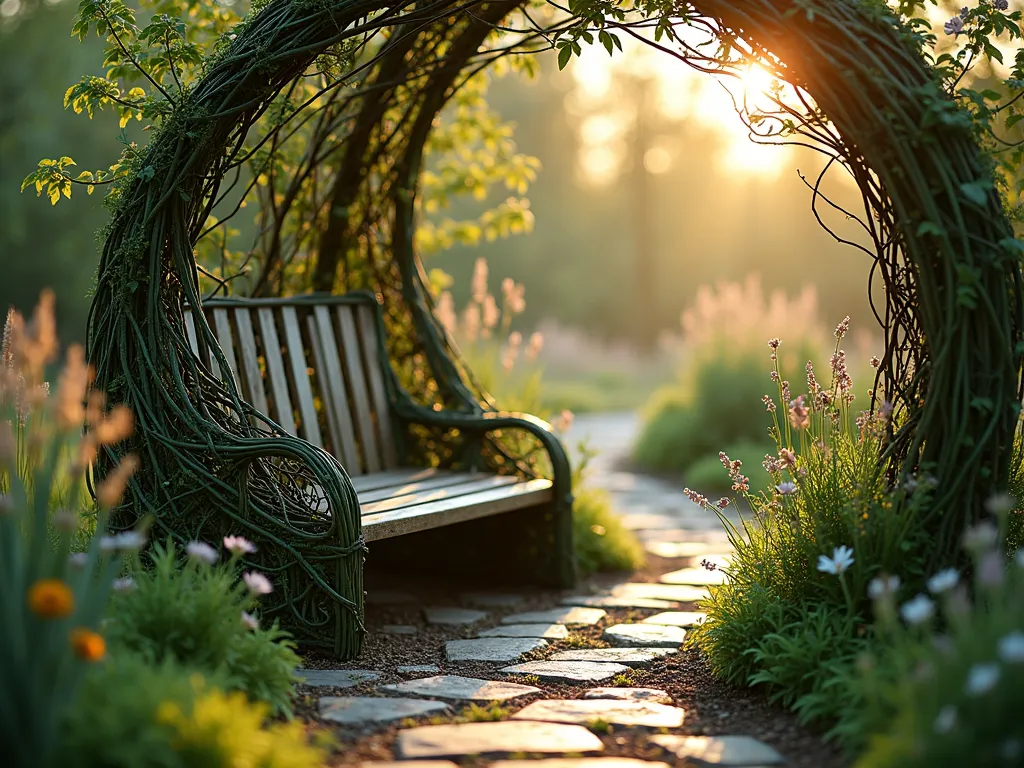 Enchanted Living Willow Garden Bench - A magical twilight garden scene featuring an artistically woven living willow bench, photographed with a 16-35mm lens at f/2.8, ISO 400. The organic bench structure curves gracefully, with intertwined green willow branches forming a natural seat and backrest. Fresh spring shoots and delicate leaves emerge from the living structure, creating a ethereal green canopy. Soft golden hour light filters through the woven willow, casting intricate shadows on the natural stone path below. The bench is surrounded by a peaceful cottage garden with swaying ornamental grasses and wildflowers. A gentle mist hovers near the ground, adding to the enchanted atmosphere. Wide-angle perspective captures the bench's integration into the garden landscape.