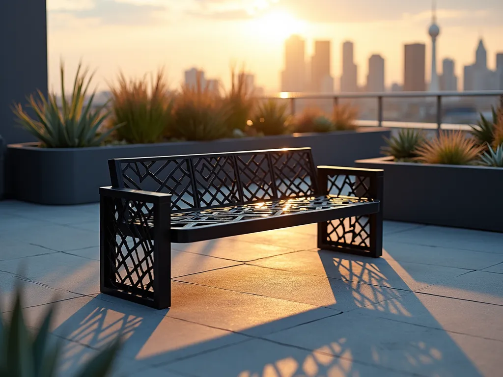 Modern Industrial Grid Garden Bench at Sunset - A stunning wide-angle DSLR photograph of a sleek industrial metal grid bench with geometric patterns, positioned in a contemporary rooftop garden at golden hour. The minimalist black metal bench features an avant-garde open grid design, casting dramatic shadows on light grey concrete pavers. Surrounded by modern rectangular planters containing ornamental grasses and silver-blue succulents. Soft sunset lighting filters through the bench's geometric patterns, creating an artistic interplay of light and shadow. Urban skyline visible in the background, slightly blurred. Shot at f/8, emphasizing the bench's architectural details while maintaining environmental context. The scene captures both industrial sophistication and organic garden elements.