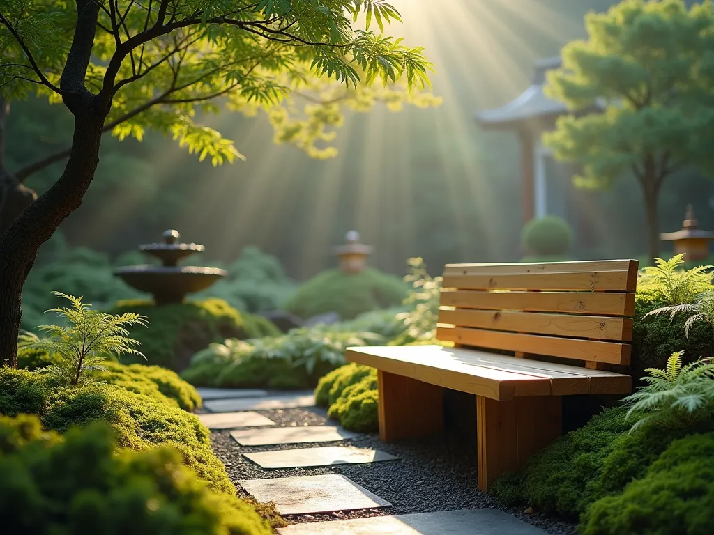 Tranquil Japanese Forest Garden Bench - A serene dawn photograph of a minimalist wooden bench crafted from light-toned bamboo and cedar, nestled within a lush Japanese-inspired garden setting. The bench rests on a narrow stone path surrounded by emerald green moss gardens, delicate maidenhair ferns, and dwarf Japanese maples casting dappled shadows. Captured with morning mist hanging in the air, soft natural light filtering through the dense canopy above. The composition emphasizes the organic integration of the bench with nature, photographed at f/2.8 to create a dreamy bokeh effect while maintaining sharp detail on the bench's clean lines. Small stone lanterns peek through the foliage, while a bamboo water fountain provides subtle movement in the background. Shot with a 16-35mm lens from a low angle to emphasize the peaceful, contemplative atmosphere.