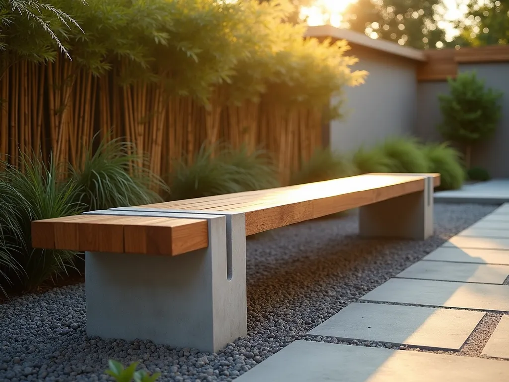 Modern Concrete and Wood Garden Bench at Sunset - A stunning modern garden bench featuring sleek concrete supports and warm teak wood slats, photographed at golden hour. The bench is positioned in a contemporary zen garden with ornamental grasses swaying in the soft evening light. Shot from a low angle at f/2.8, the composition captures the dramatic interplay of light and shadow on the bench's clean lines. Architectural bamboo creates a natural backdrop, while crushed granite surrounds the bench's base. Soft bokeh effect highlights the bench while gently blurring the background landscape. The concrete elements appear cool and geometric, while the wood brings organic warmth to the scene. Natural lighting casts long shadows across the textured surfaces, emphasizing the material contrast. Professional photography with a 16-35mm wide angle lens, ISO 400.