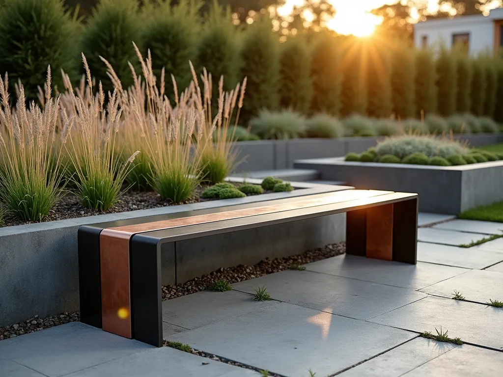 Modern Copper Garden Bench at Sunset - A sleek modern garden bench with clean lines and striking copper accents, positioned in a contemporary garden setting at golden hour. The bench features a minimalist design with dark charcoal-colored metal frame and copper inlays that show a subtle green patina. Surrounded by ornamental grasses and geometric concrete pavers, with soft evening light casting long shadows across the scene. Modern geometric planters with architectural plants frame the bench, while a backdrop of Japanese Forest Grass adds movement and texture. The composition captures both the entire bench and its sophisticated details in a wide-angle perspective that shows how it integrates with the modern landscape design.