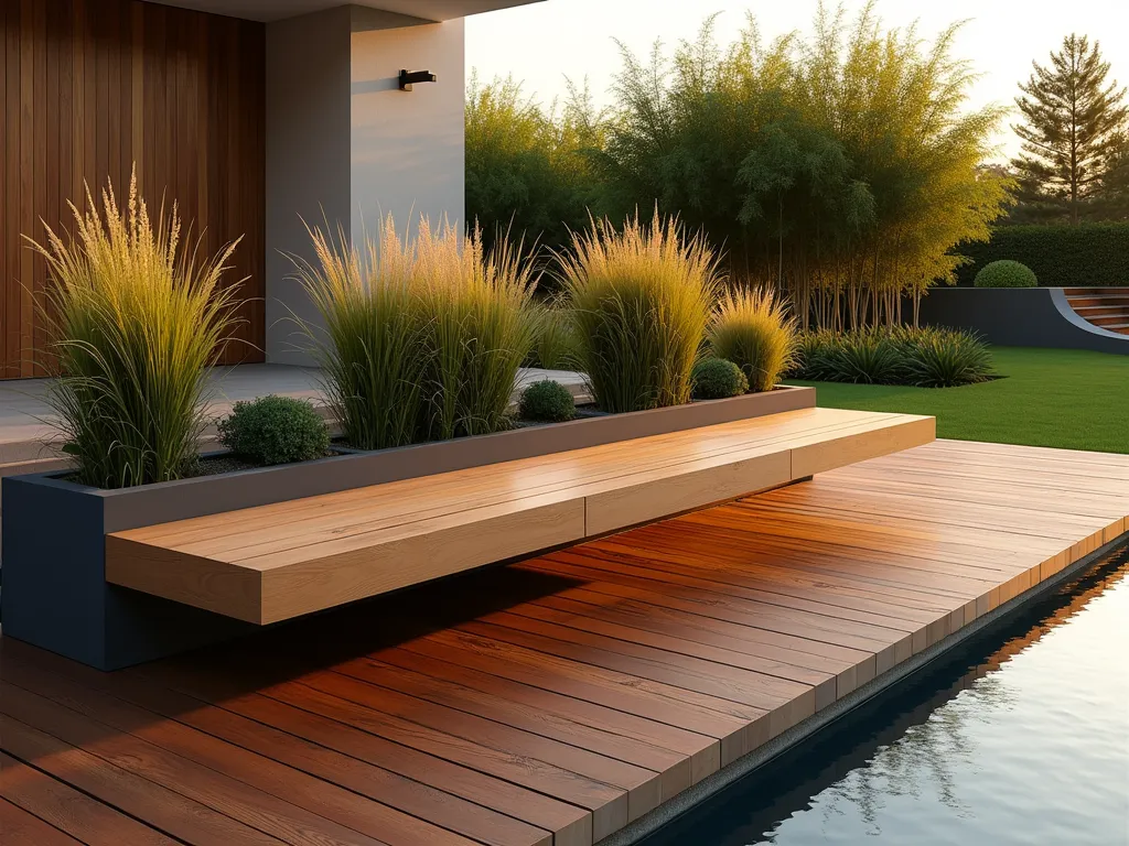 Modern Floating Deck Bench at Sunset - A stunning minimalist floating wooden bench seamlessly integrated into a contemporary deck edge, photographed during golden hour. The sleek cantilevered design appears to hover magically above rich ipe decking, with hidden steel brackets providing invisible support. The bench extends 6 feet along the deck's perimeter, crafted from honey-toned teak. Behind the bench, modern rectangular planters showcase ornamental grasses swaying gently in the evening light. A dramatic wide-angle perspective captures the clean lines and floating effect, while soft sunset lighting casts warm shadows beneath the suspended seating. In the background, a manicured lawn meets architectural bamboo plants, creating a serene modern garden setting. Photorealistic, architectural photography style, 8K resolution.