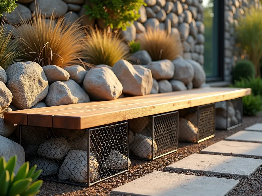 Modern Gabion Garden Bench at Sunset - A stunning garden scene at golden hour featuring a contemporary gabion rock wall bench against a natural stone backdrop. The bench combines industrial wire mesh baskets filled with locally sourced granite and limestone rocks, topped with rich teak wooden slats creating a comfortable seating area. The bench is surrounded by ornamental grasses and succulents, with soft evening light casting long shadows across the textured stone surface. Shot from a 45-degree angle to showcase both the linear structure of the gabion and the organic flow of the surrounding landscape. The scene is captured with professional lighting highlighting the texture of the stones and the warm wood tones, with shallow depth of field creating a dreamy background of a rock garden. DSLR photograph with natural lighting, f/8, ISO 100, 1/125s.