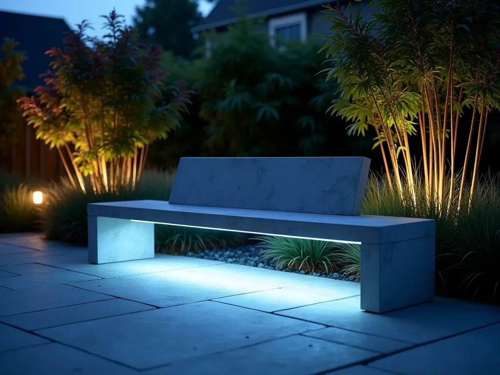 Modern LED Garden Bench at Twilight - A sleek, minimalist garden bench with integrated LED lighting photographed at twilight in a contemporary garden setting. The bench appears to float, emitting a soft blue-white glow that illuminates nearby ornamental grasses and creates dramatic shadows. The wide-angle composition shows the bench as a focal point on a stone patio, surrounded by geometric planters and modern landscaping. Ambient garden lighting in the background creates depth, while dewdrops on nearby foliage catch and reflect the LED light. Shot with shallow depth of field to create a dreamy atmosphere, with Japanese maples and bamboo providing a natural backdrop. 16-35mm lens, f/2.8, ISO 400.