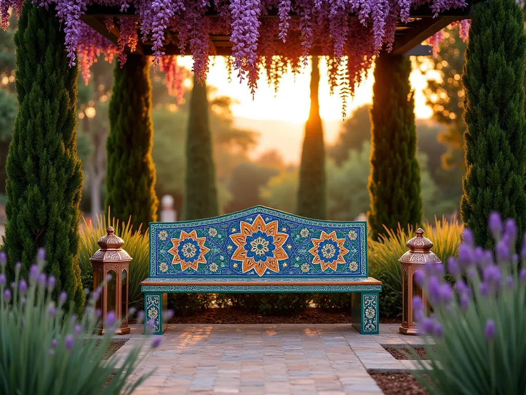 Ornate Moroccan Garden Bench at Sunset - A stunning wide-angle shot of a handcrafted Moroccan mosaic bench nestled in a lush garden setting at golden hour. The bench features intricate geometric patterns in jewel tones of cobalt blue, emerald green, and rich amber tiles, creating a mesmerizing mandala-like design. The bench is positioned beneath a flowering pergola draped with cascading wisteria, while Mediterranean cypress trees frame the background. Moroccan-style copper lanterns flank the bench, their warm glow complementing the sunset light that dances across the detailed tilework. The surrounding garden bed showcases drought-tolerant plants like lavender and ornamental grasses, creating a harmonious blend of Mediterranean and North African design elements. Captured with rich depth of field highlighting both the intricate tile details and the garden context, 8K resolution, professional lighting.