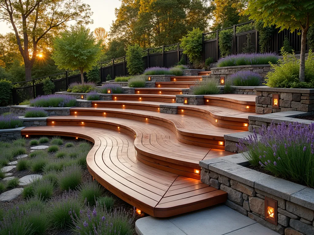 Cascading Terraced Garden Bench at Sunset - A stunning multi-level wooden bench system naturally following the contours of a sloping garden, photographed at golden hour. The terraced design features three levels of rich cedar benches integrated into a hillside, each level adorned with overflowing lavender and ornamental grasses. Natural stone retaining walls support each tier, with soft LED lighting underneath each bench. Japanese maple trees provide dappled shade, while climbing roses weave through modern metal railings. Captured with a wide-angle lens to show the full sweep of the design, with warm sunset light creating dramatic shadows across the wooden surfaces. The composition includes small meditation spaces on each level, with weathered copper planters hosting cascading plants. 16-35mm lens, f/2.8, ISO 400, photographed during golden hour for maximum atmosphere.