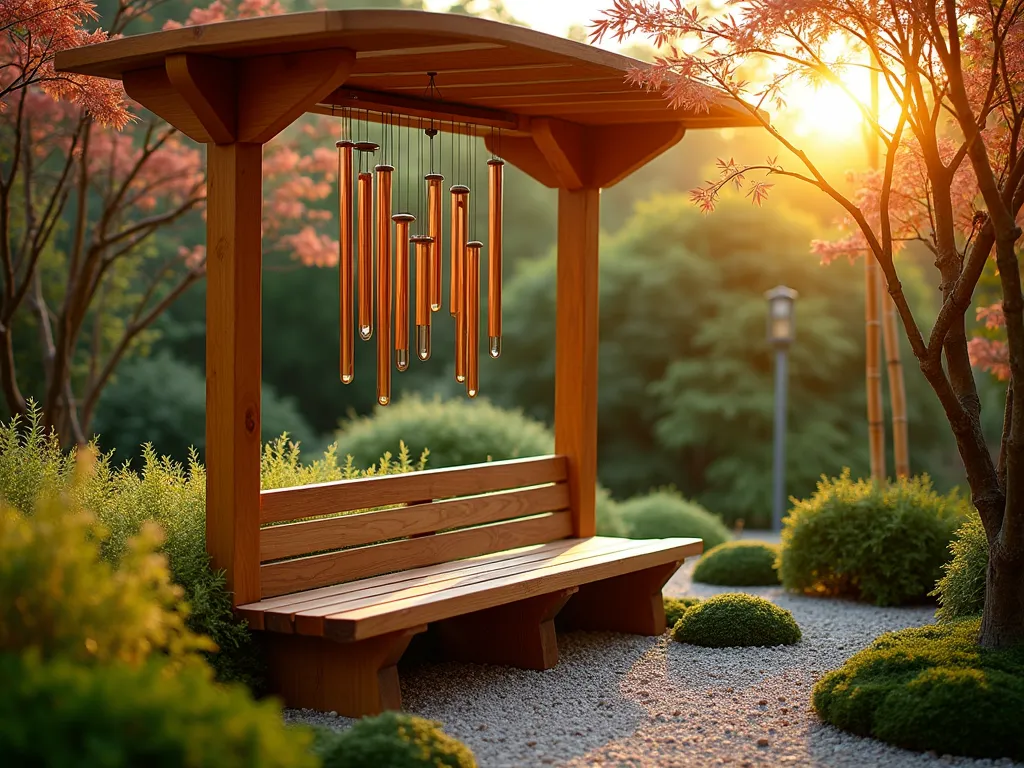 Zen Garden Musical Bench at Sunset - A serene garden scene at golden hour featuring a handcrafted wooden bench with integrated brass wind chimes hanging elegantly from a curved pergola overhead. The bench, positioned in a Japanese-inspired garden setting, is surrounded by ornamental grasses and bamboo that sway gently in the breeze. Several copper and crystal wind chimes of varying lengths create a cascading effect above the bench, catching the warm sunset light. Shot from a medium-wide angle to capture both the bench's intricate details and its harmonious integration with the surrounding landscape. Japanese maple trees frame the scene, their delicate leaves filtering the golden sunlight. The natural wood bench features built-in resonating chambers and small percussion elements along its backrest. Zen garden elements including raked gravel and moss patches complete the peaceful composition. Photographed with atmospheric depth, showing the interplay of light, shadow, and movement.