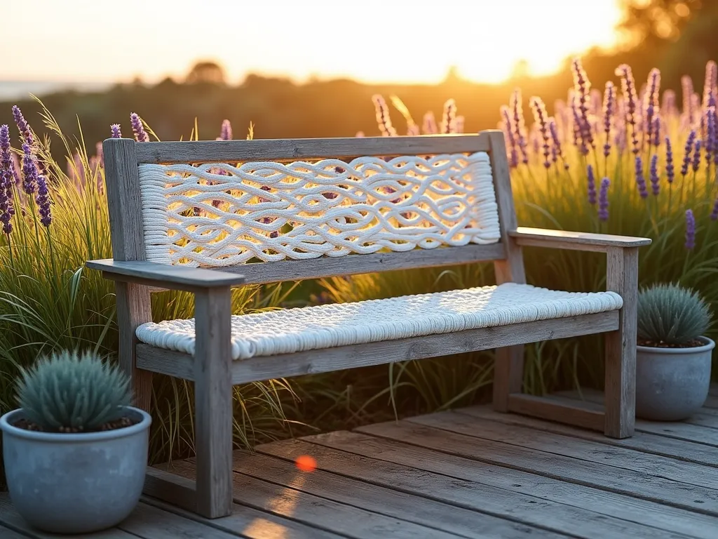 Coastal Garden Rope Bench at Sunset - A stunning wide-angle view of a weathered teak garden bench with intricate nautical rope seating and backrest, positioned on a rustic wooden deck overlooking a coastal garden. The bench features white marine-grade rope woven in an elegant pattern, complemented by weathered gray wood. Surrounded by swaying ornamental grasses, lavender, and coastal plants. Soft golden sunset light filters through, creating warm highlights on the rope texture. Weathered ceramic pots with blue fescue grass frame the bench. Atmospheric, photorealistic, highly detailed, golden hour lighting.