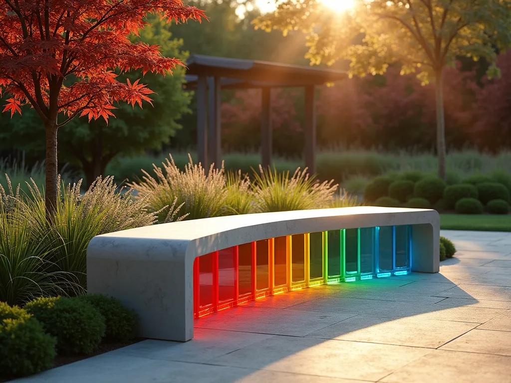 Magical Rainbow Glass Block Garden Bench at Sunset - A stunning modern garden bench made of smooth concrete and illuminated glass blocks in rainbow colors, photographed at golden hour. The bench curves elegantly against a lush garden backdrop with ornamental grasses. Sunlight streams through the colored glass blocks, creating a mesmerizing pattern of rainbow shadows on the ground. The bench features a comfortable concrete seating area with integrated rainbow glass blocks forming the backrest and base. Soft evening light filters through nearby Japanese maple trees, while climbing jasmine adds a romantic touch to the scene. The photograph is taken at a 45-degree angle to showcase both the bench's artistic design and its practical seating function. Photorealistic, high detail, architectural photography style.