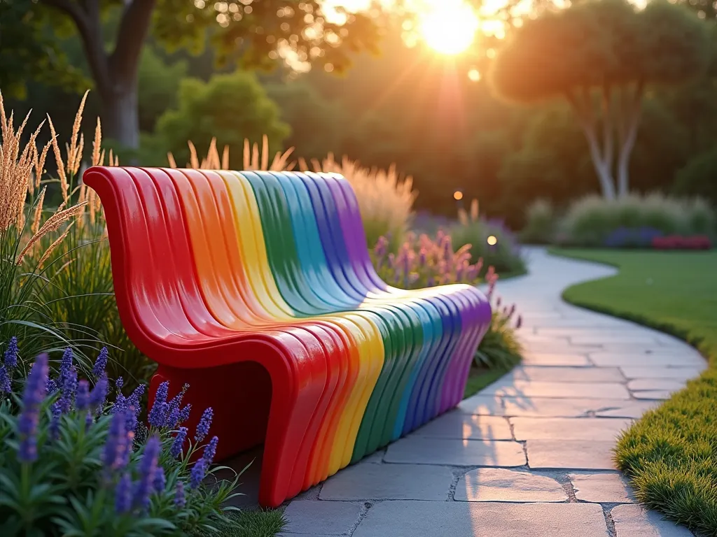 Vibrant Rainbow Recycled Garden Bench at Sunset - A stunning wide-angle DSLR photograph of a modern rainbow-colored garden bench made from recycled plastic, positioned along a curved garden path. The bench features a sleek design with undulating waves of color transitioning from red to violet. Placed against a backdrop of ornamental grasses and flowering perennials, the bench is captured during golden hour, with warm sunlight filtering through the foliage. The surrounding garden includes swaying Miscanthus grass and purple Salvia, creating a dreamy atmosphere. The bench's glossy finish reflects the evening light, highlighting its eco-friendly construction while small solar-powered garden lights illuminate the pathway. Shot at f/8 with perfect depth of field, showcasing both the bench's detailed construction and the ethereal garden setting. 8K resolution, photorealistic quality.