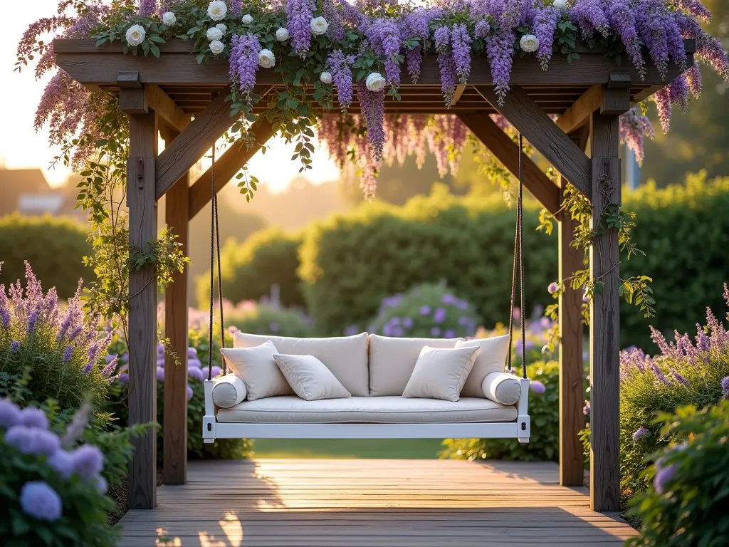 Romantic Pergola Swing Bench at Golden Hour - A stunning DSLR wide-angle photograph of a romantic wooden pergola with a suspended white-painted wooden swing bench, captured during golden hour. The pergola is draped with cascading purple wisteria and white climbing roses creating a dreamy natural canopy. Plush cream-colored weather-resistant cushions and throw pillows adorn the swing bench. Soft evening sunlight filters through the flowering vines, casting gentle shadows on the weathered wood deck below. In the background, a lush cottage garden with lavender and hydrangeas adds depth to the scene. The composition shows the entire structure while emphasizing the cozy, inviting nature of the swing bench. Shot at f/8 for perfect depth of field, capturing the intricate details of both the structure and the flowering plants.