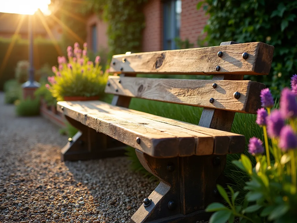 Rustic Railway Sleeper Garden Bench - A stunning golden-hour photograph of a handcrafted garden bench made from weathered railway sleepers, positioned in a cottage garden setting. The bench features thick, richly textured reclaimed wood with visible grain patterns and authentic industrial bolt details. Soft evening sunlight filters through nearby lavender and cottage roses, casting warm shadows across the bench's weathered surface. The wide-angle composition shows the bench as a focal point, surrounded by gravel pathways and climbing ivy on a nearby brick wall, creating a perfect balance between industrial heritage and natural garden charm. Shot with shallow depth of field to highlight the bench's rustic character while maintaining garden context.