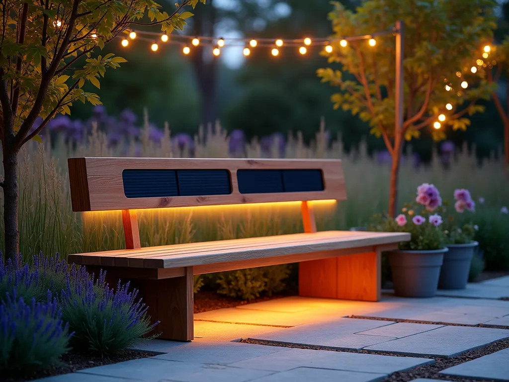 Modern Solar Heated Garden Bench at Dusk - A sophisticated modern teak garden bench with integrated solar panels in its sleek backrest, situated in a serene garden setting at dusk. The bench emits a subtle warm glow from its heating elements, while string lights twinkle overhead between mature maple trees. Ornamental grasses and lavender sway gently in the background, creating a cozy atmosphere. The bench is positioned on a natural stone patio, with frost-resistant containers featuring winter-blooming hellebores nearby. Shot with a wide angle lens capturing the magical twilight ambiance, depth of field emphasizing the bench's innovative design while showing the garden context. 16-35mm lens at f/2.8, ISO 400, creating a dreamy bokeh effect with the garden lighting.