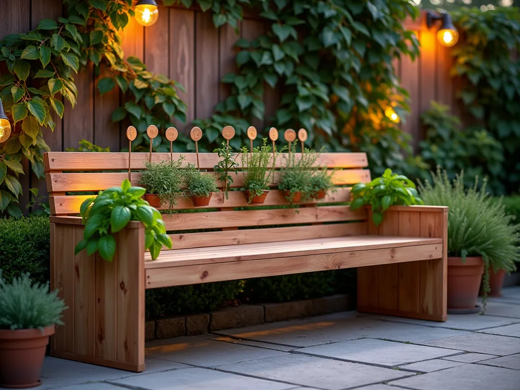 Modern Garden Storage Bench with Herb Garden - A stylish modern wooden garden bench at dusk, illuminated by warm garden lights. The bench features built-in raised planters on both ends filled with lush herbs like basil, thyme, and rosemary. The seat lifts to reveal organized storage space for garden tools. The bench sits on a natural stone patio, surrounded by potted plants and climbing vines. Shot from a 45-degree angle to showcase both the herb planters and the bench's clean lines. The herbs are positioned at perfect reaching height, with delicate copper plant markers identifying each variety. Soft evening light creates a cozy, intimate atmosphere while highlighting the bench's multifunctional design.