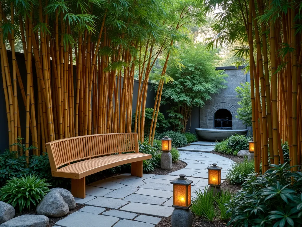 Tranquil Bamboo Garden Bench at Dusk - A serene garden scene at dusk featuring a handcrafted bamboo bench nestled within a grove of tall, graceful bamboo plants. The bench design incorporates smooth, curved lines and natural bamboo poles in warm honey tones. Gentle evening light filters through the bamboo leaves, creating dappled shadows on the stone path below. Japanese stone lanterns provide soft illumination, while ornamental grasses and small maple trees complement the peaceful Asian garden aesthetic. A stone water feature quietly trickles in the background, enhancing the zen atmosphere. Wide-angle perspective capturing the entire contemplative seating area within its bamboo sanctuary.