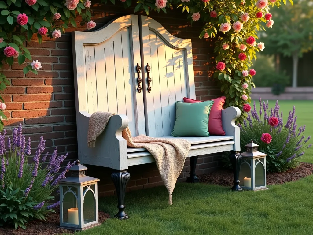 Vintage Door Garden Bench at Sunset - A whimsical garden scene at golden hour featuring a repurposed vintage white wooden door transformed into a charming garden bench, complete with ornate black metal legs and a plush sage green cushion. The bench is nestled against a weathered brick wall draped with climbing roses and English ivy. Soft evening sunlight filters through nearby lavender plants and cottage garden flowers, casting warm shadows across the door's distressed paint and antique hardware. A cozy throw blanket is casually draped over one corner, while vintage-style lanterns rest on either side. The scene is captured from a 45-degree angle, highlighting both the bench's unique construction and its integration into the garden setting. Photorealistic, high detail, cottage core aesthetic.