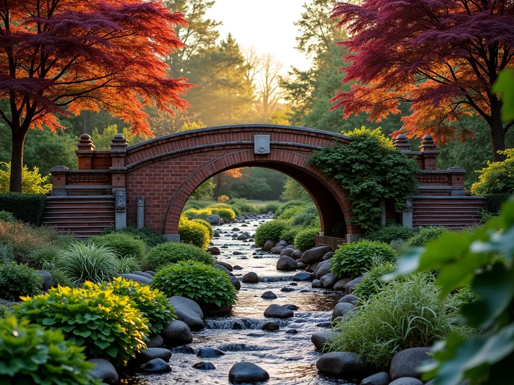 Arched Brick Garden Bridge at Sunset - A stunning wide-angle shot of an elegant arched brick garden bridge at golden hour, spanning a naturalistic dry stream bed filled with smooth river rocks and ornamental grasses. The bridge features traditional red brick construction with detailed archwork and decorative brick patterns along the sides. Japanese maple trees frame both ends of the bridge, their burgundy leaves catching the warm evening light. The surrounding garden includes clusters of hostas, ferns, and creeping thyme spilling over the stream edges. Natural stone steps lead up to both ends of the bridge, while climbing hydrangeas begin to wind their way up the brick structure. Soft landscape lighting illuminates the bridge's architectural details.