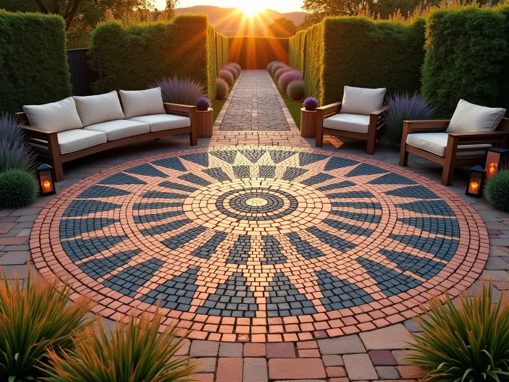 Artistic Mosaic Brick Patio Design - A stunning wide-angle shot of a circular mosaic brick patio during golden hour, featuring an intricate geometric sunburst pattern created with terracotta, charcoal, and sand-colored bricks. The pattern radiates from a central medallion, with concentric circles and angular segments forming a mesmerizing mandala-like design. The patio is surrounded by lush ornamental grasses and lavender bushes that catch the warm evening light. Comfortable modern outdoor furniture sits at the edges, while copper lanterns cast a warm glow. The DSLR capture emphasizes the rich textures of the brick work, with f/8 aperture ensuring crisp detail from foreground to background, captured at golden hour with perfect exposure settings to highlight the dimensional qualities of the mosaic pattern. Soft shadows accentuate the three-dimensional nature of the brick arrangement.