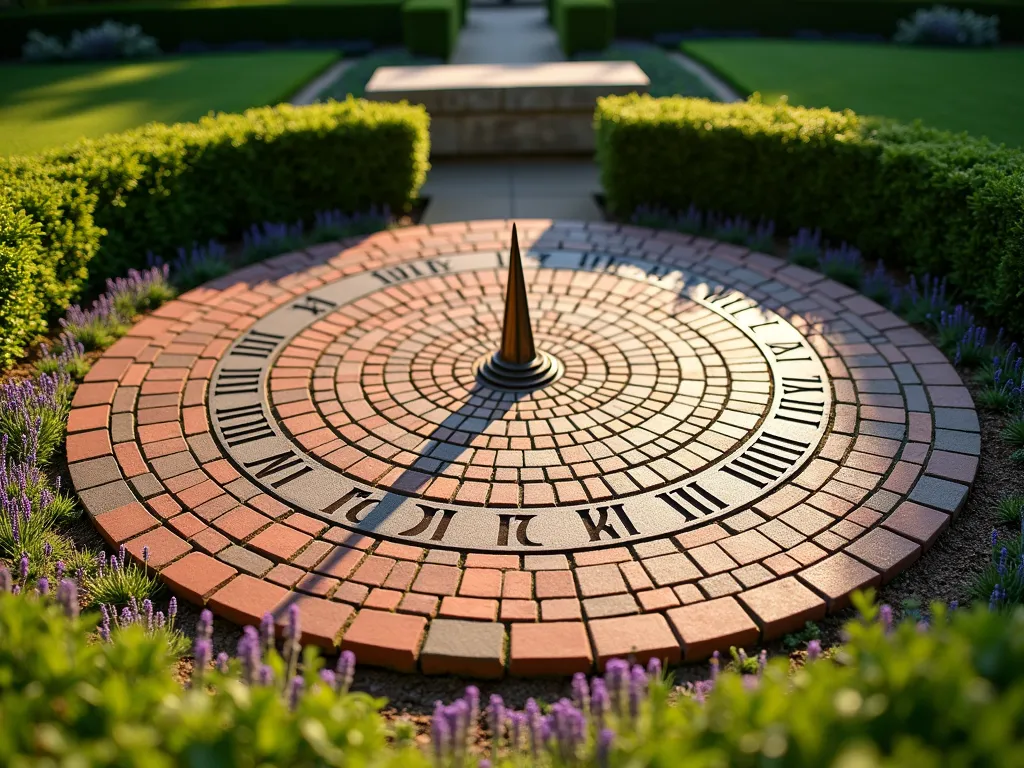 Artistic Brick Sundial Garden Feature - A close-up shot of an elegant circular brick sundial pattern in a manicured garden setting, captured during golden hour. The sundial features meticulously laid red clay bricks arranged in a radiating pattern from a central bronze gnomon, with Roman numerals crafted from darker bricks. The surrounding area includes low-growing thyme and moss between the brick joints, with ornamental lavender borders softening the edges. Dappled sunlight casts precise shadows across the pattern, while a stone bench is partially visible in the background. The design is nestled within a formal garden layout with perfectly trimmed boxwood hedges framing the scene.