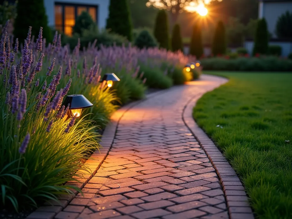 Elegant Chevron Brick Garden Border - A stunning evening garden scene featuring an elegant chevron-patterned brick border illuminated by warm garden lights. The herringbone-style brick arrangement in weathered red clay creates a sophisticated path edge, stretching into the distance. Lush ornamental grasses and purple lavender softly spill over the border's edges, creating a beautiful contrast against the geometric brick pattern. Shot at golden hour with dramatic shadows, using a wide-angle perspective that showcases both the intricate brick detail and its harmonious integration into the broader landscape. The brick border clearly separates a well-manicured lawn from a flourishing perennial garden bed, demonstrating both form and function in garden design. Dew drops on the grass catch the evening light, adding a magical sparkle to the scene.