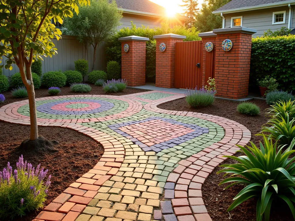 Whimsical Brick Play Garden for Children - A charming sunlit garden scene featuring a custom-designed brick play area for children, photographed during golden hour. A winding brick pathway forms an enchanting mini-maze with smooth, rounded edges, leading to a colorful hopscotch court made from differently colored bricks. Natural landscaping surrounds the play area with low-growing lavender and cushion bush creating soft borders. Child-safe rubber mulch in earth tones fills the spaces between brick elements. Decorative brick pillars topped with colorful mosaic tiles mark the entrance, while climbing jasmine adds greenery to the structure. The entire area is photographed from a 3/4 aerial view to showcase the intricate brick patterns and playful design elements, with soft evening light casting warm shadows across the space. Shot with a wide-angle lens at f/8 to capture the full scope of this imaginative play garden while maintaining crisp detail throughout.