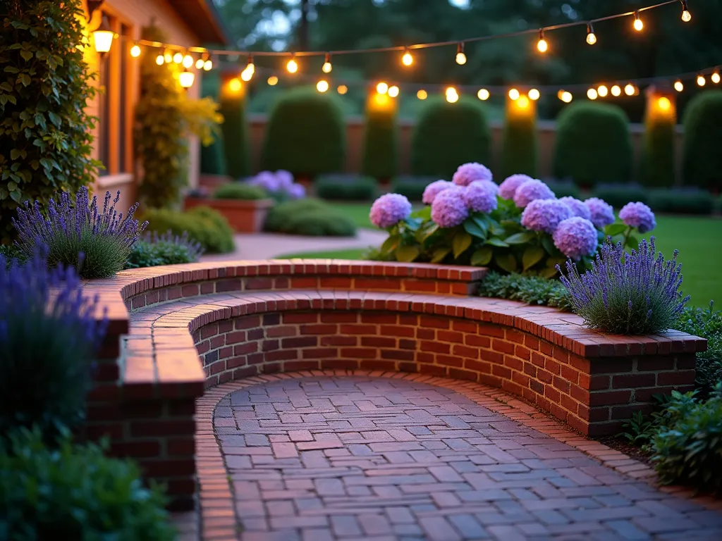 Curved Brick Garden Bench with Integrated Planters - A serene twilight scene featuring an elegant curved brick garden bench with a smooth wooden top seat, photographed at a 45-degree angle. The permanent seating stretches gracefully along a garden path, with built-in brick planters at both ends overflowing with purple lavender and cascading ivy. The warm-toned red bricks are expertly laid in a decorative herringbone pattern, complemented by soft landscape lighting that casts gentle shadows. Behind the bench, mature hydrangeas provide a lush backdrop, while string lights draped overhead create a magical ambient glow. The scene is captured with a shallow depth of field, highlighting the intricate brickwork details while maintaining the dreamy garden atmosphere.