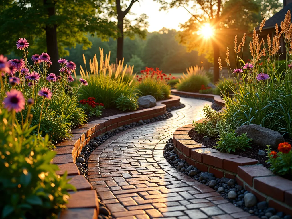 Eco-Friendly Brick Rain Garden at Sunset - A serene wide-angle view of a beautifully designed rain garden at sunset, featuring curved rustic red brick borders that form elegant retaining walls. The garden is filled with layers of moisture-loving native plants like Purple Coneflowers, Black-Eyed Susans, and ornamental grasses swaying in the evening breeze. A permeable herringbone-pattern brick pathway winds through the garden, with small gaps between bricks allowing water absorption. The sunken garden bed showcases different levels connected by gentle slopes, with river rocks and pebbles strategically placed to manage water flow. Soft golden sunlight casts long shadows across the textured brick surfaces, while dewdrops on the plants create a magical sparkle. The surrounding landscape transitions seamlessly into the natural environment, with mature trees in the background completing this sustainable garden scene.