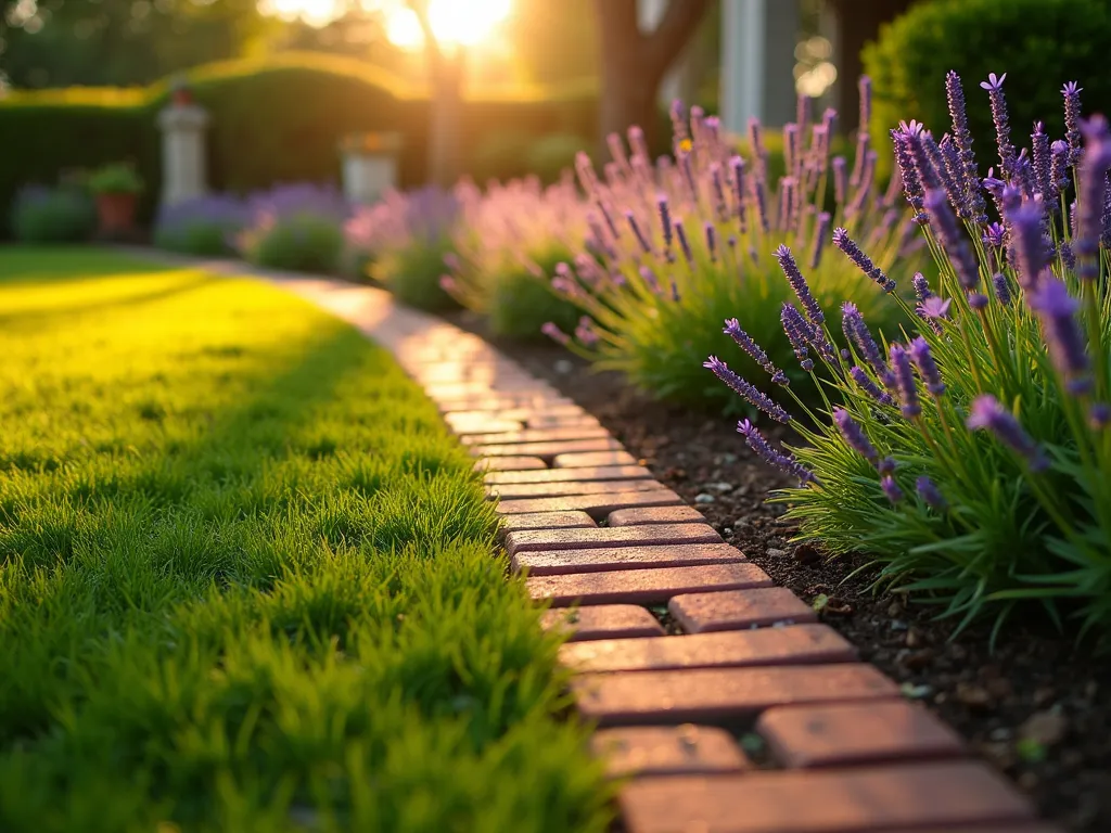 Elegant Brick Garden Border at Sunset - A stunning DSLR wide-angle shot of a meticulously laid brick garden edging at golden hour, featuring a soldier course arrangement of vintage red clay bricks creating a clean, precise border between a lush green lawn and a flourishing perennial garden bed. The setting sun casts long shadows across the bricks, highlighting their textural details and warm terracotta tones. The garden bed contains blooming lavender and ornamental grasses, creating a soft contrast against the structured brick border. Shot at f/8 with natural lighting, emphasizing both the architectural precision of the brick edging and the organic flow of the garden plants, with morning dew adding subtle sparkle to the scene.