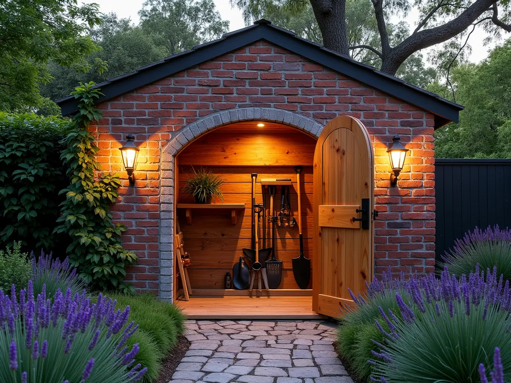 Elegant Brick Garden Storage Solution - A stunning dusk photograph of a custom-built brick garden storage unit in a well-maintained backyard. The structure features weathered red bricks with decorative herringbone patterns and arched openings, housing neatly organized garden tools. Natural climbing ivy partially covers one side, while copper lanterns flank the wooden doors. A cobblestone path leads to the storage unit, with lavender plants lining the approach. The wide-angle shot captures the seamless integration of the storage solution with the surrounding garden landscape, while golden hour lighting casts warm shadows across the textured brickwork. Professional garden tools are visible through the partially open door, creating an inviting and practical atmosphere.