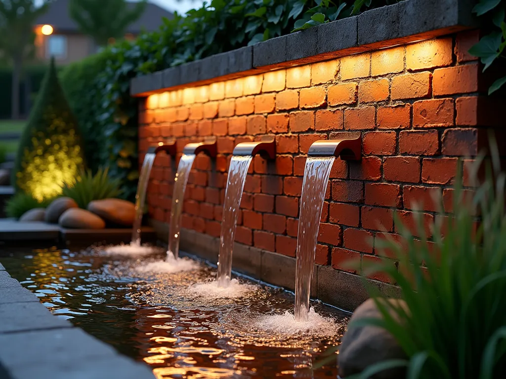 Elegant Brick Wall Water Feature at Dusk - A stunning close-up perspective of a sophisticated red brick wall water feature in a landscaped garden at dusk. The wall features cascading water flowing smoothly over weathered copper spouts embedded between artistically arranged bricks, creating multiple gentle waterfalls. Soft landscape lighting illuminates the falling water, creating a magical shimmer effect. The surrounding space includes lush Boston ivy climbing parts of the brick wall, while architectural grasses sway gently at its base. The water collects in a serene reflecting pool lined with smooth river rocks. The scene captures the tranquil atmosphere with water droplets catching the warm evening light.