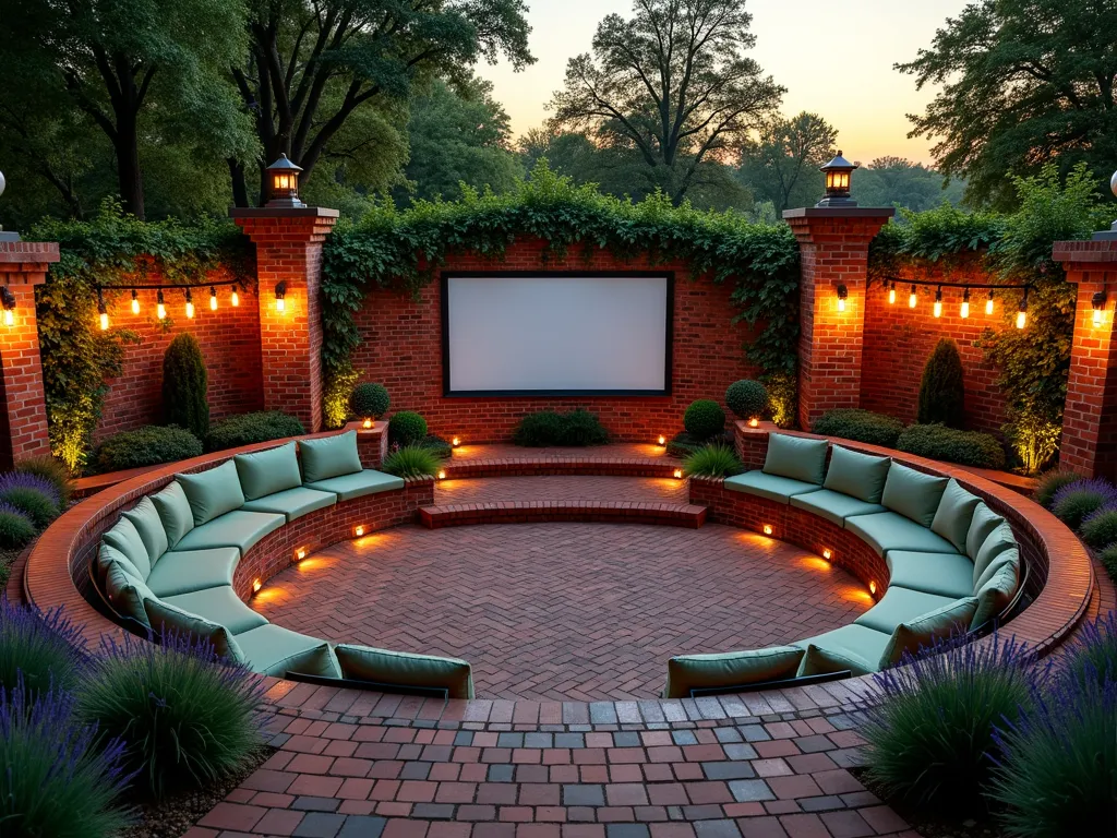 Enchanted Brick Garden Theater at Dusk - A stunning wide-angle shot of a semicircular brick garden theater at dusk, featuring elegant curved brick seating with plush weatherproof cushions in sage green. Brick steps cascade down to a circular stage area paved with herringbone-pattern bricks. The theater is surrounded by softly illuminated ornamental grasses and lavender, with string lights draped overhead between wooden posts. Climbing roses and ivy gracefully adorn the brick walls, while copper landscape lights cast a warm glow on the architectural elements. The scene is captured with cinematic depth, showing a projector screen elegantly mounted between two brick columns, with the golden hour sun creating dramatic shadows across the textured brick surfaces. Shot with a 16-35mm lens at f/2.8, ISO 400, capturing the magical transition between day and night.