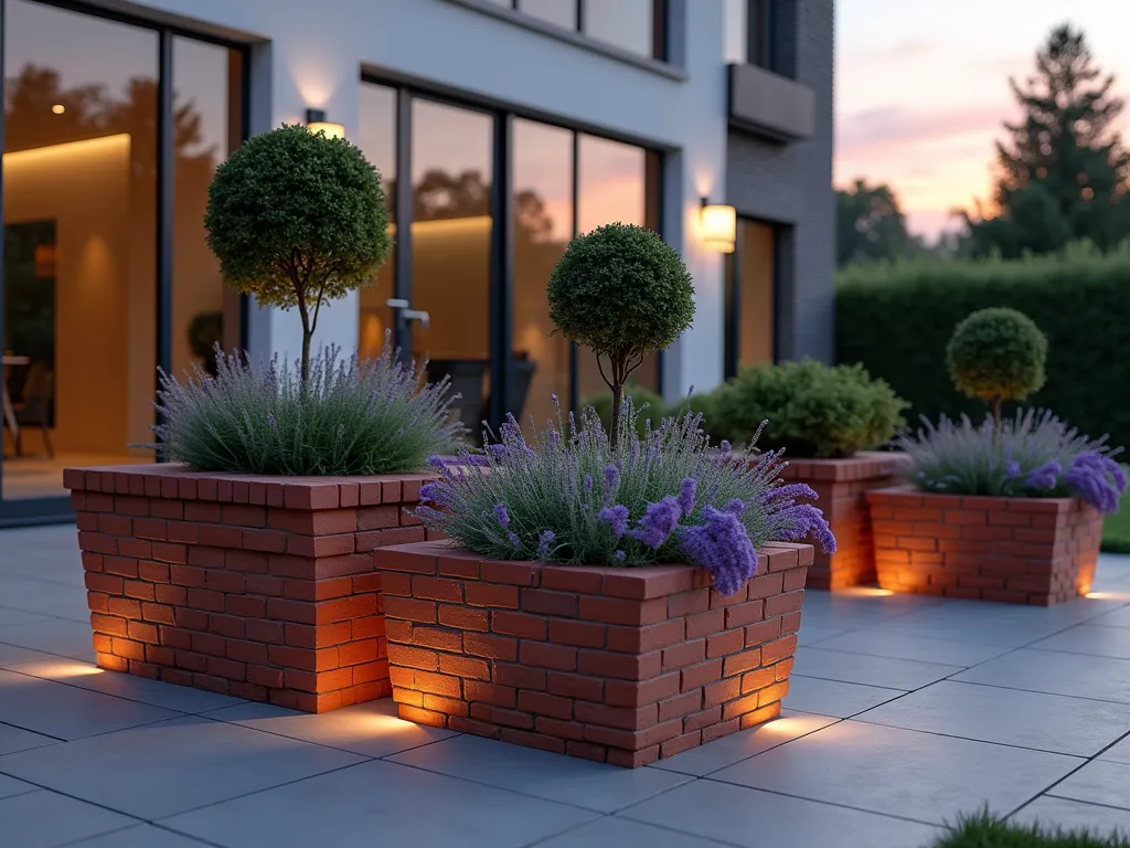 Modern Geometric Brick Planter Garden Display - A stunning dusk scene featuring a modern garden terrace with architecturally striking geometric brick planters. Three hexagonal and two triangular brick planters of varying heights, meticulously constructed with smooth red bricks in a precise pattern. The planters are arranged in an artistic cluster, containing cascading silver artemisia, purple fountain grass, and structured boxwood spheres. Soft outdoor lighting illuminates the planters from below, casting dramatic shadows on a contemporary slate patio. The background shows a clean-lined modern house facade with large windows reflecting the warm sunset sky. A close-up perspective emphasizes the precise brick laying pattern and the contrast between the angular planters and flowing plants.