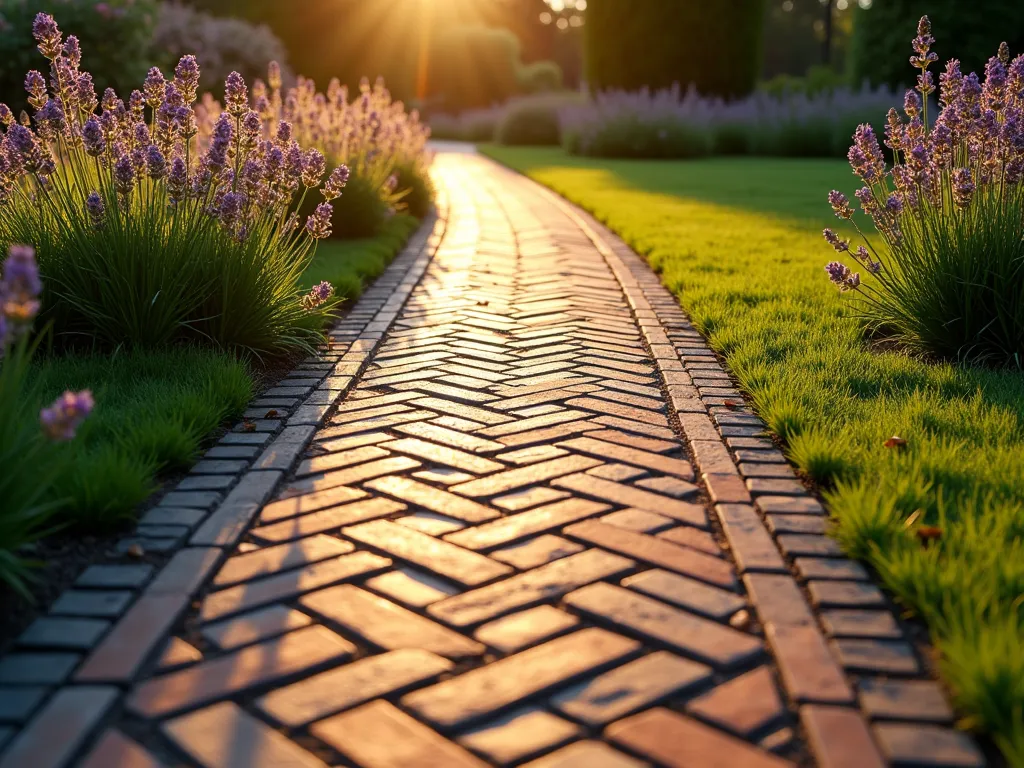 Elegant Herringbone Brick Garden Path - A stunning garden pathway showcasing a meticulously laid herringbone pattern in rustic clay bricks, captured during golden hour. The path winds gracefully through a manicured garden, bordered by deep charcoal gray soldier course bricks creating crisp definition. Soft evening light casts long shadows across the intricate brick pattern, highlighting the texture and geometric precision. Lush green lawn edges and flowering lavender provide a natural contrast to the warm terracotta tones. Shot from a low angle perspective at f/8, emphasizing the mesmerizing pattern while maintaining depth of field to showcase the garden context. Professional architectural photography, 16mm wide-angle lens, golden sunset lighting, high detail, 4K resolution.