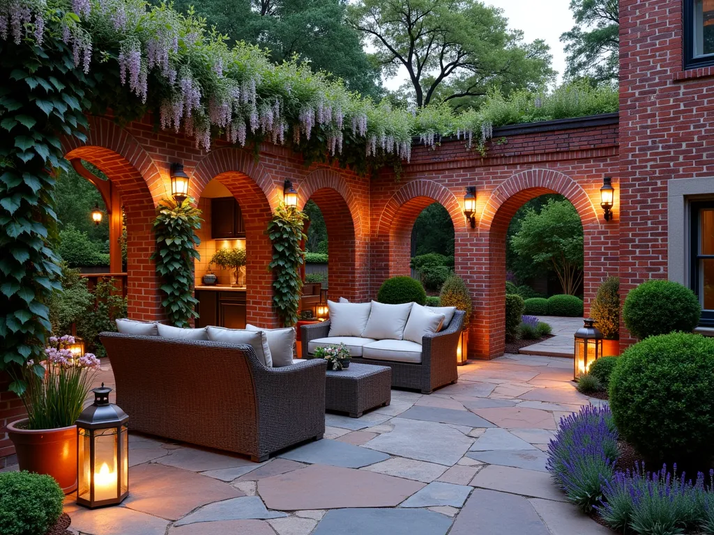 Intimate Brick Garden Room at Dusk - A serene outdoor garden room created by elegant red brick walls with artistic archways and windows, captured at dusk. The 8-foot walls feature romantic climbing roses and wisteria cascading over the top, with strategic openings providing glimpses of the garden beyond. Comfortable wicker furniture adorns a natural stone patio floor, illuminated by warm copper lanterns. Boston ivy creeps along the brick corners, while potted lavender and boxwood create structure. The scene is captured in a wide-angle perspective showing the entire room's cozy atmosphere, with soft twilight light filtering through the foliage and casting gentle shadows on the weathered brick surfaces.