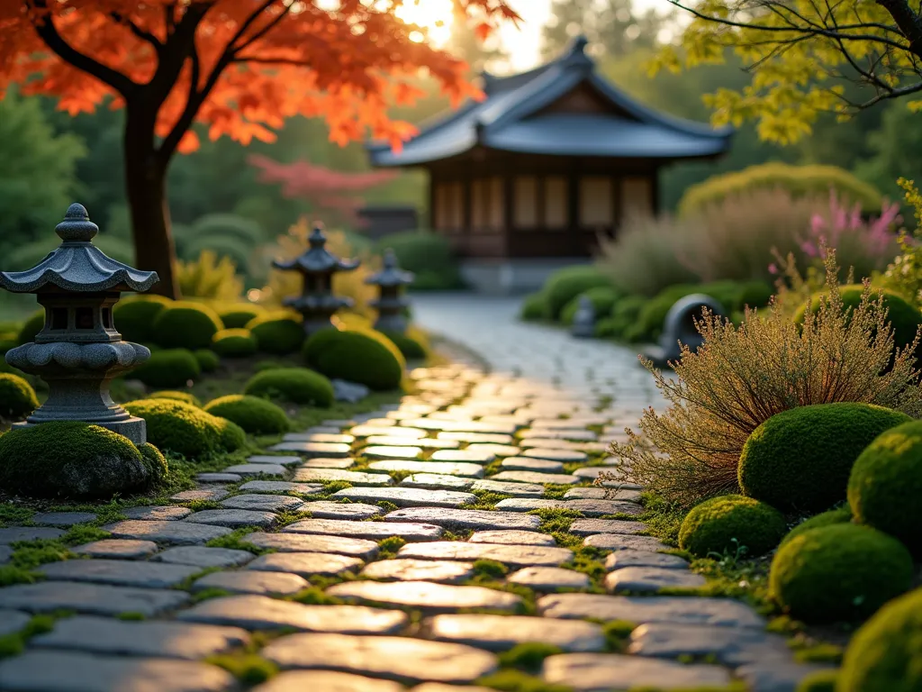 Zen Japanese Brick Garden Path - A serene Japanese garden path photographed during golden hour, featuring artistically arranged dark gray bricks in a traditional tatami mat pattern. The path meanders through a lush garden space, with emerald green moss growing naturally between the carefully spaced bricks. Delicate Japanese maple trees cast dappled shadows across the path, while carefully placed granite lanterns provide subtle architectural elements. The wide-angle composition captures the harmonious flow of the path as it leads to a simple wooden tea house in the background, with wispy ornamental grasses and carefully pruned azaleas softening the edges. Shot at f/2.8 with a 16-35mm lens, creating a dreamy bokeh effect that enhances the contemplative atmosphere