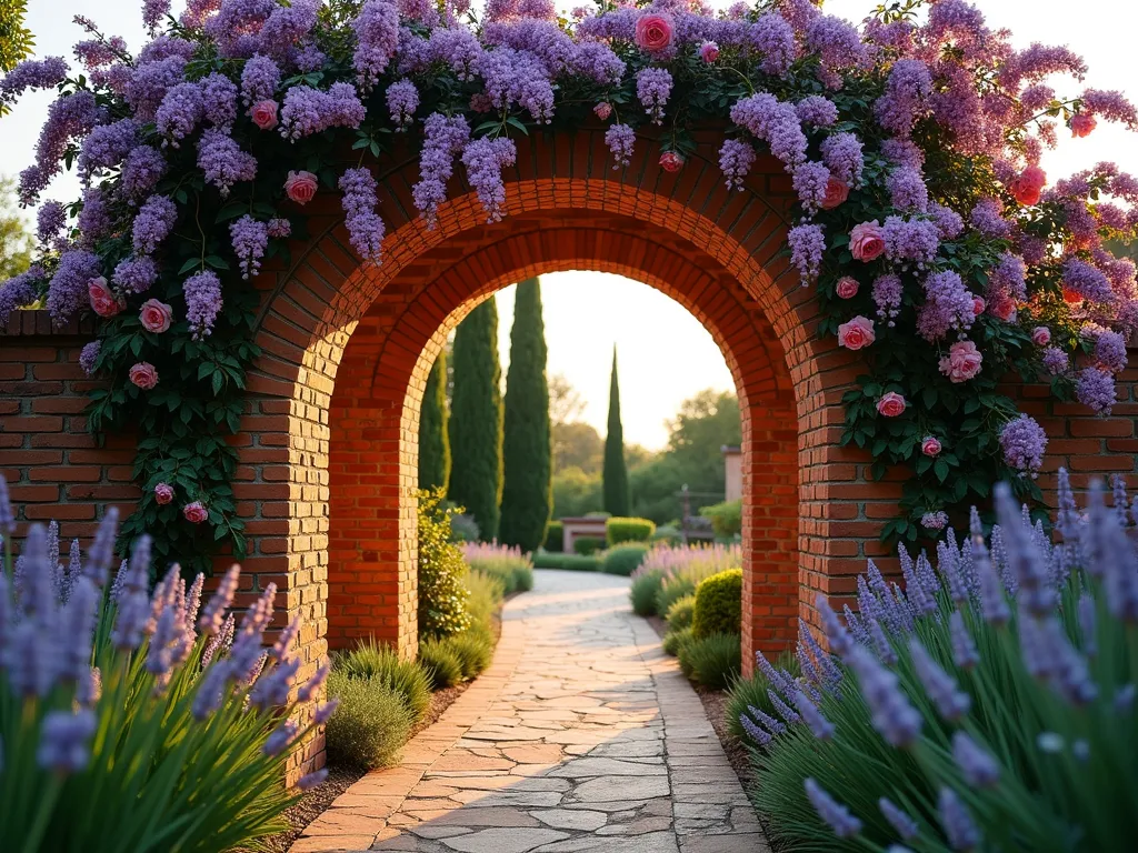 Mediterranean Brick Archway Garden Entrance - A stunning DSLR wide-angle shot of a rustic Mediterranean-style brick archway in a lush garden setting during golden hour. The archway features weathered terracotta-colored bricks with elegant architectural details, creating a romantic garden entrance. Cascading purple wisteria and climbing pink roses intertwine gracefully over the arch, their blooms catching the warm evening light. The pathway leading through the archway is lined with lavender and ornamental grasses, while Mediterranean cypress trees frame the scene in the background. The natural lighting creates dramatic shadows and highlights the textural details of the aged bricks and flowering vines, photographed at f/8 for optimal depth of field, showcasing both the intricate brick detailing and the lush garden beyond.