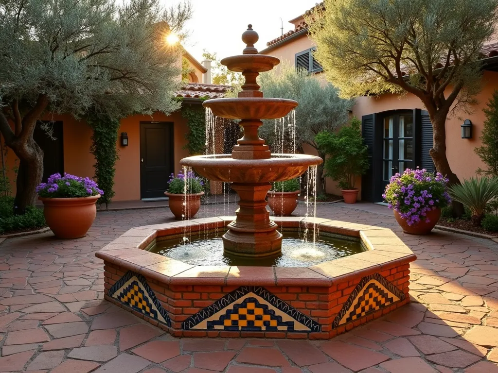 Mediterranean Brick Fountain - A stunning wide-angle shot of a three-tiered Mediterranean brick fountain at golden hour, crafted from weathered terracotta bricks with intricate blue and yellow ceramic tile inlays. Water cascades gracefully between octagonal tiers, surrounded by potted olive trees and flowering bougainvillea. The fountain is the centerpiece of a rustic garden courtyard, with climbing vines on the surrounding walls and terracotta planters filled with lavender. Warm evening sunlight casts long shadows across the textured brick surface, highlighting the patina of age on the weathered materials and creating a romantic, Old World atmosphere.