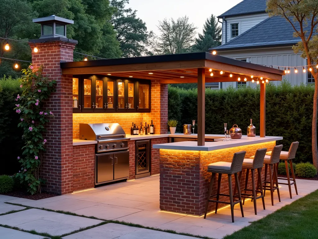 Modern Brick Garden Bar at Sunset - A warm evening photograph of a sophisticated L-shaped brick garden bar with a polished concrete countertop, captured at golden hour. The structure features decorative herringbone-pattern brick detailing, built-in LED lighting, and weathered copper accent trim. The bar includes elegant glass-front storage cabinets, a built-in grill, and wine refrigerator. Natural stone pavers surround the area, with copper lanterns casting a warm glow. Climbing jasmine adorns one corner, while strategic uplighting highlights the textured brickwork. Shot with a wide-angle lens at f/2.8, creating a dreamy bokeh effect of string lights in the background. Modern rattan bar stools line the counter, and copper barware gleams in the evening light.