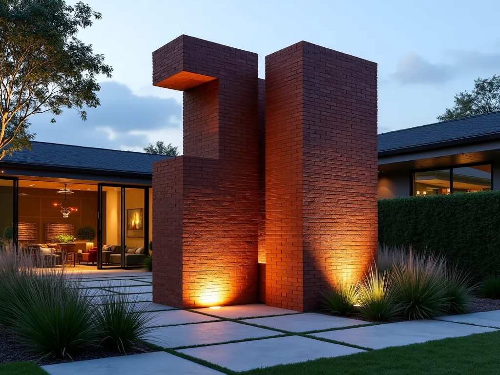 Modern Brick Garden Sculpture at Dusk - A stunning modernist garden sculpture crafted from sleek red bricks arranged in a dynamic geometric pattern, rising 6 feet tall against a contemporary landscaped garden. The abstract sculpture features cantilevered sections and negative spaces, creating dramatic shadows in the warm dusk lighting. Surrounded by architectural grasses and minimalist concrete pavers, with subtle landscape lighting illuminating the brick structure from below. Wide-angle perspective capturing the sculpture as a focal point, with a modern house facade softly blurred in the background. Zen-inspired garden design with clean lines and purposeful simplicity.