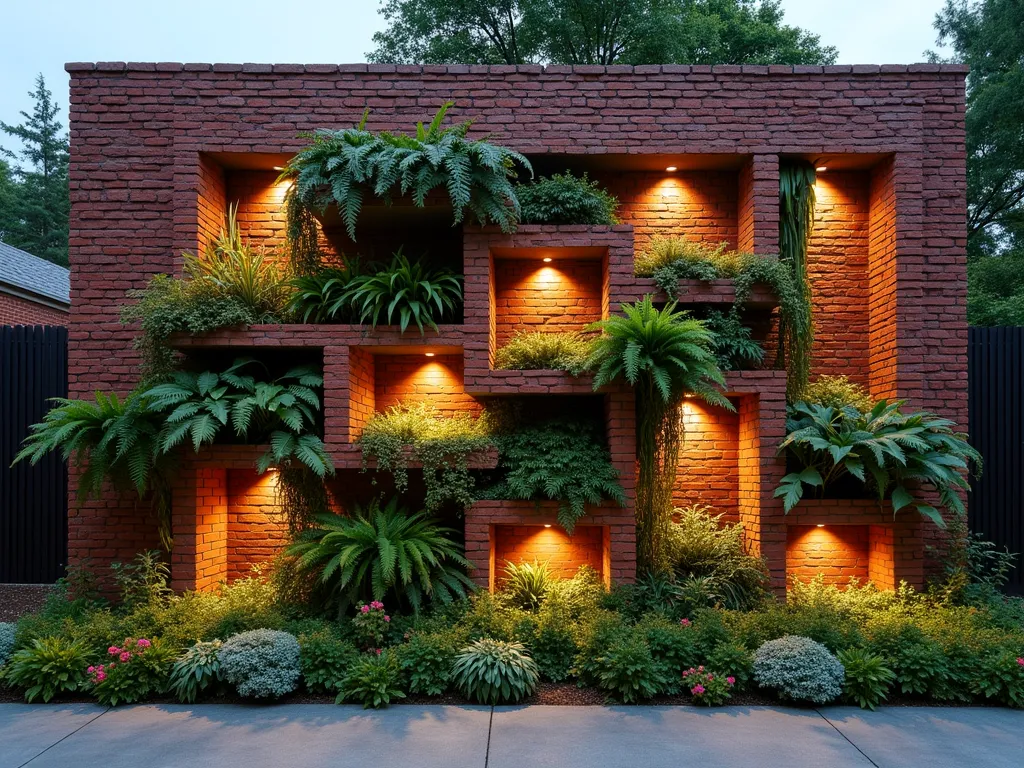 Modern Brick Living Wall Garden Frame - A stunning architectural living wall installation featuring a sophisticated red brick framework at dusk. The wall creates a geometric grid pattern with multiple recessed compartments, each bursting with cascading ferns, trailing ivies, and vibrant flowering plants. Soft accent lighting illuminates the textured brick surface, casting gentle shadows that highlight the dimensional quality of the installation. The living wall is photographed at a slight angle to showcase its impressive scale against a contemporary garden backdrop, with the warm evening light emphasizing the rich tones of the brickwork. Shot with shallow depth of field to create a dreamy atmosphere, emphasizing the interplay between the structured brick elements and the organic plant life. 16-35mm wide-angle perspective capturing the full grandeur of the installation.