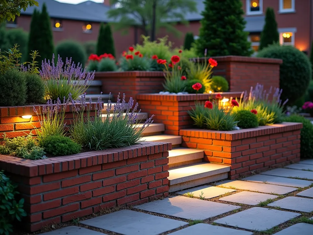 Modern Tiered Brick Garden Planters - A stunning dusk scene featuring elegant tiered brick planters in a modern backyard garden. Three stepped levels of red clay brick planters with crisp angular designs, showcasing cascading flowers and herbs. The planters range from 2 to 4 feet in height, with clean geometric lines and decorative brick patterns. Soft evening lighting illuminates the textured brick surfaces, while purple lavender, trailing rosemary, and bright red geraniums spill over the edges. A flagstone path weaves between the raised beds, with ambient garden lights creating warm shadows on the brick surfaces. Captured in a three-quarter view angle to show depth and dimensionality of the structure. Professional architectural photography style with shallow depth of field highlighting the brick detailing.