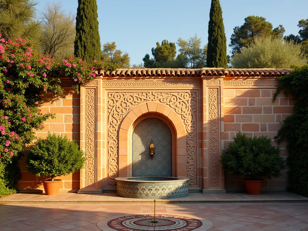 Moorish Garden Wall at Sunset - A stunning garden wall featuring intricate Moorish geometric patterns created with alternating terracotta and cream-colored bricks, photographed at golden hour. The wall showcases star-shaped patterns and interlacing arabesque designs typical of Islamic architecture. Climbing jasmine and bougainvillea soften the edges of the wall, while Mediterranean cypress trees stand sentinel in the background. A mosaic-tiled fountain nestled in an arched alcove adds authenticity to the scene. Warm evening light casts dramatic shadows across the detailed brickwork, emphasizing the depth and complexity of the patterns. The foreground features a paved courtyard with geometric brick inlays and potted citrus trees.