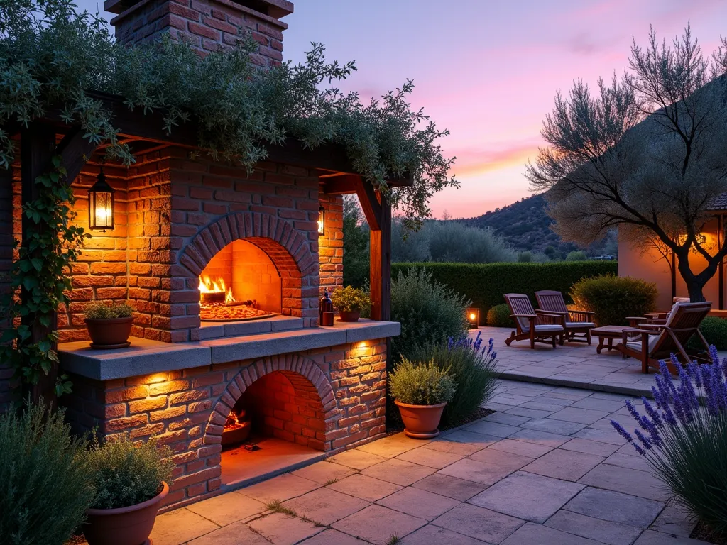 Rustic Brick Pizza Oven Garden Feature - A stunning dusk photography shot of a traditional rustic brick pizza oven nestled in a Mediterranean-style garden patio. The handcrafted oven features weathered red bricks with an arched opening glowing warmly from inside. Stone countertops flank the sides, adorned with pizza-making ingredients and tools. Climbing vines of wisteria frame the structure, while potted rosemary and basil plants line the preparation area. Soft landscape lighting illuminates the scene, casting warm shadows across the textured brick surface. A cozy seating area with teak furniture is visible in the background, surrounded by olive trees and lavender bushes. The composition captures the inviting atmosphere of outdoor entertainment, with thin wisps of smoke rising from the chimney against the purple-orange sky.