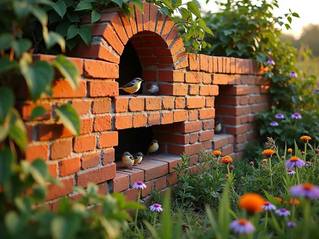 Rustic Brick Wildlife Haven - A close-up view of an artistically arranged brick wildlife habitat wall in a cottage garden setting, photographed during golden hour. The structure features varied-sized openings, recessed bricks, and purposefully placed gaps creating natural shelters. Native climbing vines like Virginia Creeper partially cover the structure, while small birds perch near the openings. The foreground showcases native wildflowers and grasses, with butterfly weed and echinacea in bloom. Captured with soft, warm lighting highlighting the textured red and orange brick tones, creating an enchanting and naturalistic atmosphere. Shot with a 16-35mm lens at f/2.8, ISO 400, capturing both the intricate details of the habitat wall and its harmonious integration into the garden landscape.