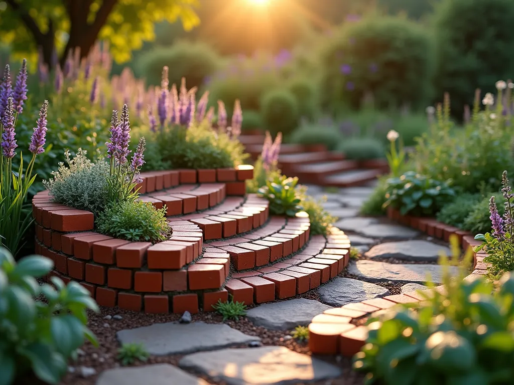 Spiral Brick Herb Garden at Sunset - A stunning circular brick spiral garden photographed during golden hour, featuring ascending terra-cotta bricks creating an elegant spiral pattern rising 3 feet high. Mediterranean herbs cascade down the levels, with purple sage, silvery thyme, and verdant basil creating a tapestry of textures. Soft sunset light casts warm shadows across the intricate brickwork, while small stepping stones wind through the base. The spiral design is set against a blurred background of flowering perennials, captured with professional DSLR photography using a wide-angle lens at f/8, highlighting both the architectural detail and the lush herb plantings. Dew drops glisten on the herb leaves, adding magical sparkle to the scene.