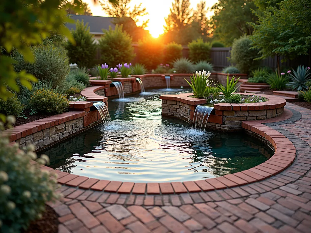 Tranquil Brick Garden Pond at Sunset - A stunning multi-tiered garden pond photographed during golden hour, featuring expertly laid red clay bricks forming curved edges and cascading waterfalls. The pond is surrounded by a matching brick patio with sophisticated herringbone pattern. Crystal-clear water reflects the warm sunset sky, while small water jets create gentle ripples. Natural stone accents blend with the brickwork, and lush marginal plants such as Japanese iris and water lilies grace the pond's edges. Strategically placed underwater lighting creates a magical ambiance, highlighting the gentle water movement. Captured with a wide-angle perspective to showcase the entire water feature within its garden setting, with soft bokeh effect on the background plantings. Shot at f/2.8 with golden sunlight casting long shadows across the textured brick surface.