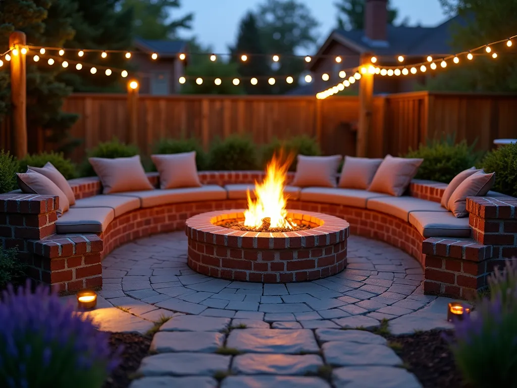 Twilight Circular Brick Fire Pit with Garden Setting - A wide-angle dusk photo of a meticulously crafted circular brick fire pit in a landscaped backyard, shot with a 16-35mm lens at f/2.8, ISO 400. Golden flames dance in the center of the perfectly rounded red-brick structure, casting warm light on the surrounding area. Built-in curved brick seating with plush weatherproof cushions encircles the fire pit at a comfortable distance. The seating area is accented by strategically placed ornamental grasses and lavender plants. Stone pavers create an elegant pathway leading to the fire pit, while subtle landscape lighting illuminates the space. In the background, string lights draped between wooden posts create a magical ambiance, with soft bokeh effects. The scene captures both the architectural precision of the brick construction and the inviting, cozy atmosphere of an evening garden gathering space.