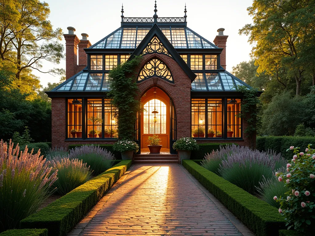 Victorian Brick Greenhouse in Evening Light - A stunning wide-angle view of an elegant Victorian-style greenhouse constructed with weathered red bricks and ornate wrought iron details. The greenhouse features tall Gothic-inspired windows with multiple glass panes, a peaked glass roof with decorative finials, and climbing roses adorning its entrance. The warm evening sunlight casts long shadows across the brick pathway leading to its arched doorway, while the interior glows with a soft amber light. Surrounding the greenhouse are meticulously maintained English garden beds filled with lavender, boxwood hedges, and heritage roses. Vintage terracotta pots line the interior, visible through the crystal-clear glass panels, creating a romantic and timeless garden focal point. The architectural details include intricate brick patterns, corbeled eaves, and custom-made iron ventilation systems typical of Victorian-era construction.