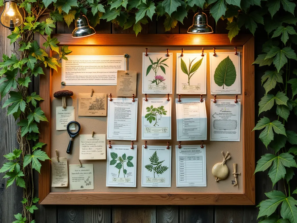 Elegant Garden Disease Reference Board - A beautifully organized wooden bulletin board mounted on a rustic garden wall, showcasing professional plant disease reference cards in clear plastic sleeves. The board features high-quality botanical illustrations of common plant diseases, with detailed photographs showing symptoms on leaves. Organized sections with copper pushpins and natural twine dividers. Handwritten treatment notes on kraft paper cards add a personal touch. Soft evening garden lighting illuminates the board, with a climbing rose and ivy frame adding organic elements. A vintage-style magnifying glass hangs from a leather strap beside the board.